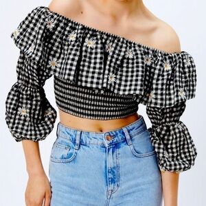Zara Gingham Daisy Print Puff Sleeve Crop Off the Shoulder Top Size XS NWT